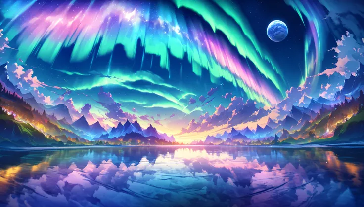 paradise, colorful,A dreamy fantasy landscape,Extremely Coloured Scenery, cloud, light piercing through the cloud,Spectacular and majestic views, shot with a fisheye lens , Large planets and auroras are visible in the sky,Multiple beautiful waterfalls,Wate...