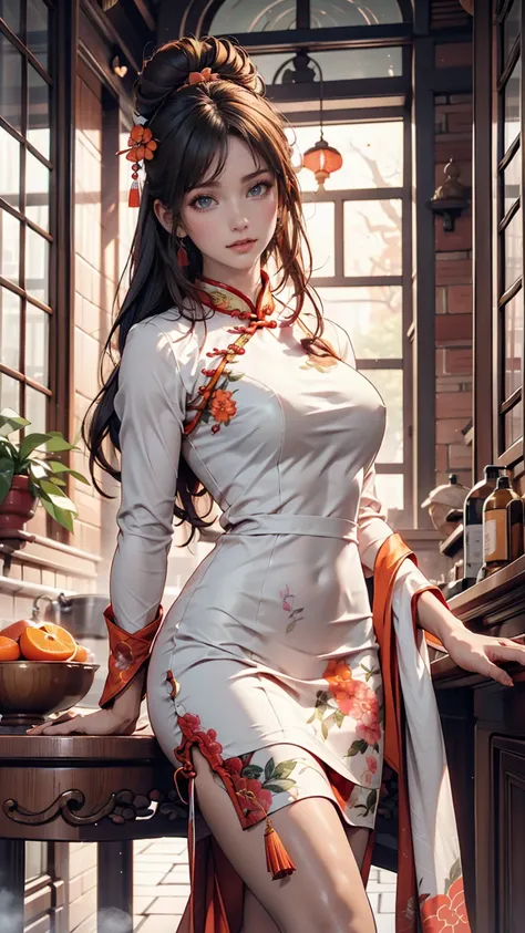 Illustration design,  long china dress with delicate letters , window,  table,  rainbow hair,  big eyes, 、Qipao(cheongsam)、CHUNG SAN （cheongsam）、Long shirt （Cho-san ）、 Mandarin Gown （mandarin gown）、 Long Dress with Long Slits、23 year old white woman 、 long...