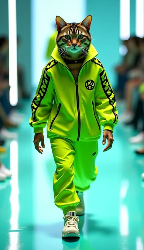 A tabby cat strutting in a vibrant, neon-green tracksuit, complete with sneakers, as it confidently walks down a futuristic fashion runway. The outfit is sporty and casual, with bold geometric patterns and matching accessories."