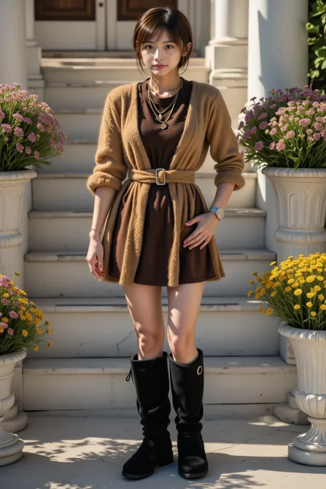 A fashionable Japanese woman with short, curly brown hair styled in a tousled, effortless manner, wearing an oversized, brown fur-trimmed parka with a dark brown wool skirt peeking out from beneath. The look is completed with bulky, knee-high black boots m...