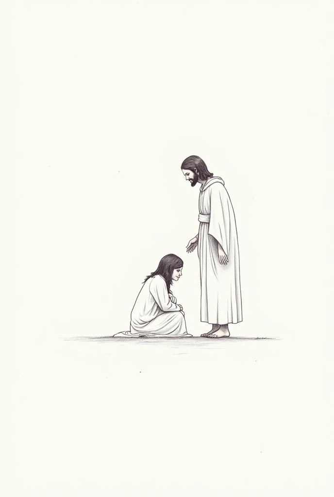 Minimalist drawing of a weeping woman kneeling and Jesus at her side comforting her