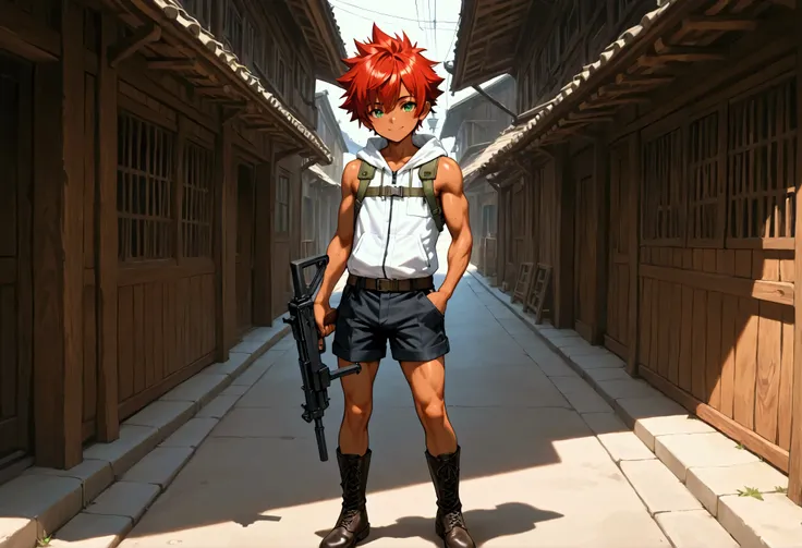 1boy, shota, muscular, dark copper tan skin, solo, red hair, short spiked hair, (white sleeveless jacket with pocket:1.5), body belt, short pants, green eyes, slung a submachine gun in front of body with strap, Western-style American town with wooden build...