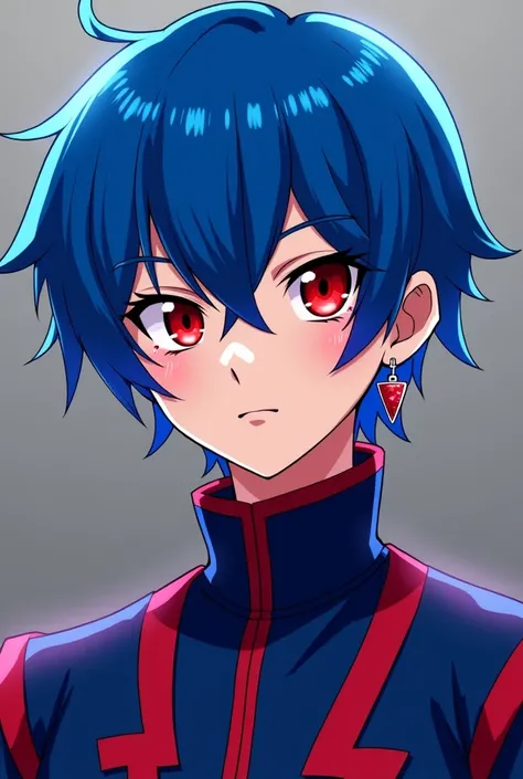 Adult anime player Inazuma Eleven  , Blue hair ,  artificial stylish scarlet red eyes and stylish blue and red uniform earring 