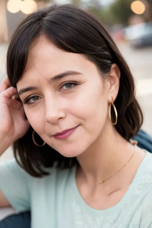 (masterpiece, best_quality),4k,8k,bokeh,absurdres,highres,ultra high res,blurry background,woman,mature female,hand on breast,looking at viewer,facing viewer,close-up,smile,earrings,parted lips,collarbone,outdoors,