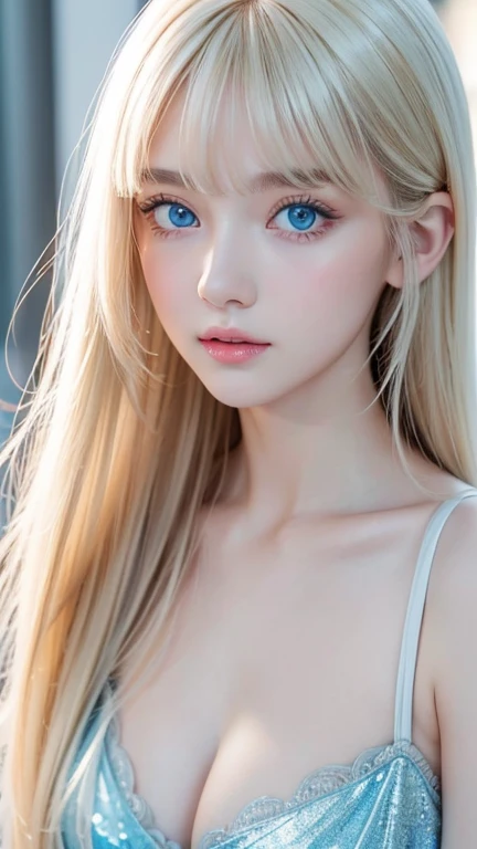  Mastepice,  best quality,  very innocent first 々A 16-year-old beautiful white girl with a good-looking, ish appearance、Super long platinum blonde silky hair with a very bright and beautiful golden color、 Super Detailed Details ,  high resolution,  perfect...