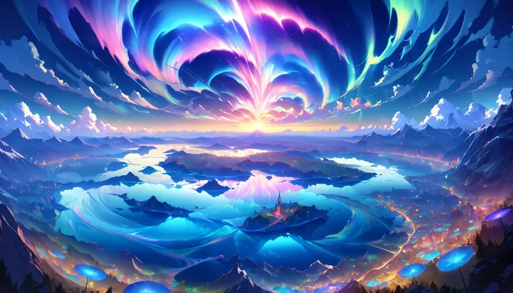 paradise, colorful,A dreamy fantasy landscape,Extremely Coloured Scenery, cloud, light piercing through the cloud,Spectacular and majestic views, shot with a fisheye lens , Large planets and auroras are visible in the sky,Multiple beautiful waterfalls,Wate...