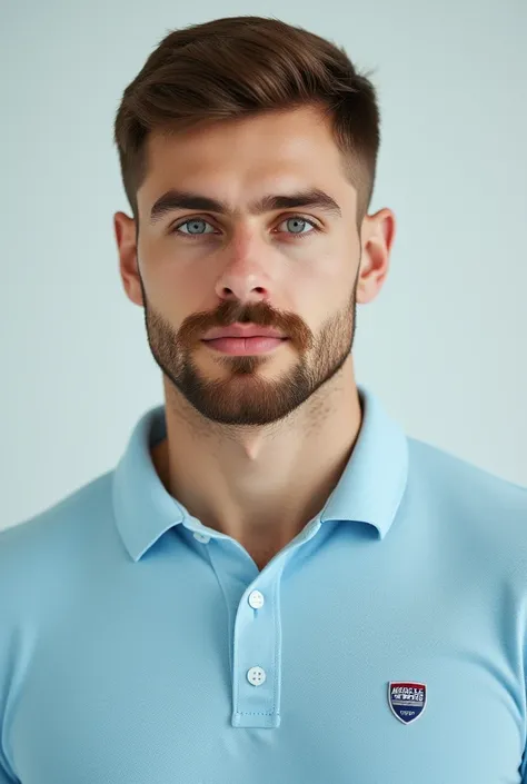 a young white man wearing a short and modern brown goatee wearing a blue polo shirt