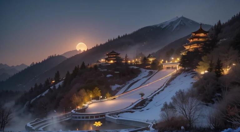 Chinese scenery, ((hot spring)), (Blizzard), (firefly), (Paper Kite), (midnight), (moon), Hilltop Shrine, ((flower)), Beautiful scenery, Realistic lighting, masterpiece, high quality, Beautiful graphics, High Detail,