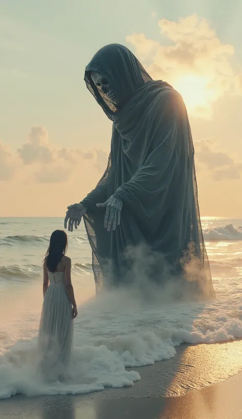Double exposure of a dark, ethereal **Grim Reaper** and a radiant, elegant woman. Close-up of the **Grim Reaper’s** shadowy, skeletal face looming in the distance, shrouded in mist and flowing black robes, blending seamlessly into the scene below. In the f...