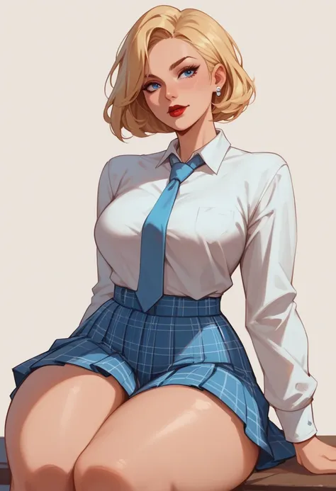  mature woman, blonde,  short hair,  blue eyes,  red lips,  medium breasts,  thick thighs ,  curvaceous body, hud_schgrl, white collared shirt, necktie, plaid pleated skirt