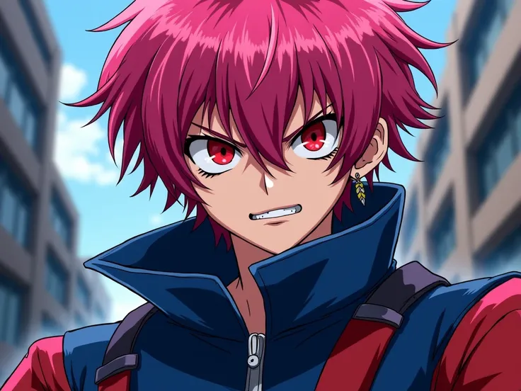 Joueur adolescent 16 ans menaçant ressemble a un gangster d'anime inazuma eleven , cheveux rose , yeux rouge ecarlate perçant stylé artificiel et boucle d'oreille uniform bleu et rouge stylé 