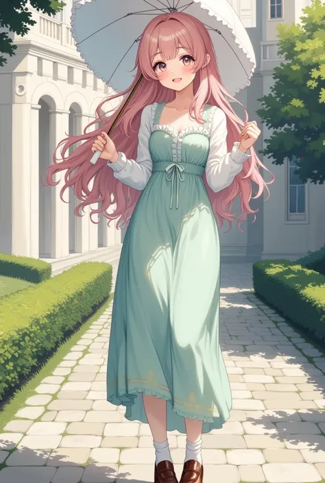 beautiful anime illustration,in front of classic beautiful castle,stone paving,Alone,A ELEGANT WOMAN \(big eyes,sparkling eyes,details of eyes,thick eyebrows,long fluffy hair,soft pink hair,elegant hair,small sheep circle horns attached on her head,light b...