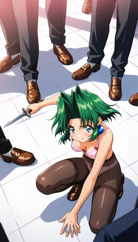 (masterpiece,  BEST QUALITY:1.2),( ultra high resolution),(Ultra-detailed face), 1 girl,Alone,toshinden_Ellis, small breasts, gets down on one knee, open, in underwear, hold a dagger knife in your right and left hands,Holding a knife with the reverse hand ...