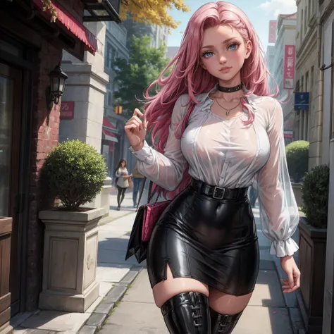 Masterpiece, beautiful art, 8k, art style by sciamano240, very detailed face, detailed hair, detailed clothes, detailed fabric, 1girl, beautiful face, long hair, hot pink hair , model head shot, facing camera, very detailed green eyes, sultry smile, wearin...