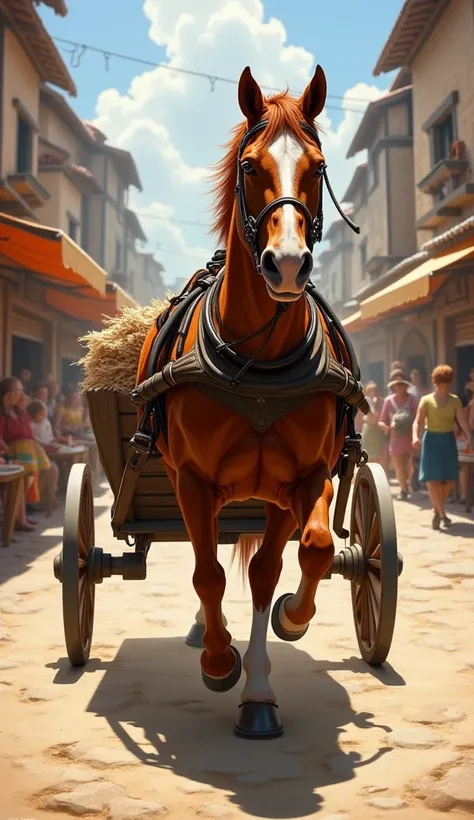 A HORSE PULLING A CART RUNNING IN THE MIDDLE OF THE ROAD NEAR THE MARKET 