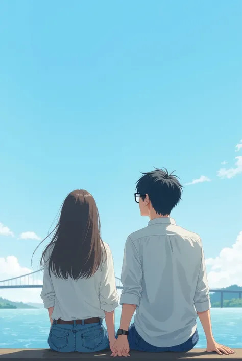 A couple staring at the blue sky at the japanese river bank, both wear glasses, the boy wear white shirt and a denim pants with black hair, the girl has mid long hair with ash brown hair, holding hand the shot is from the the side sitting together