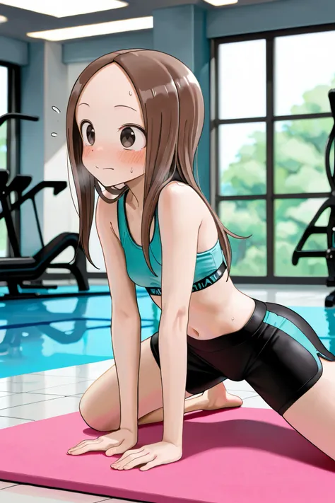 NSFW, Masterpiece, top quality, high resolution, very detailed,Takagi\(からかい上手のTakagi\), with long hair 、 Hair,Forehead、clavicle, sports bra、 Fitness Shorts 、Embarrassed,blush, lustful face,fitness,Yoga, open,soft,Sujiman