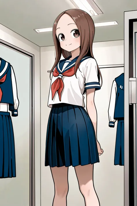 NSFW, Masterpiece, top quality, high resolution, very detailed,Takagi\(からかい上手のTakagi\), with long hair 、 Hair,Forehead、clavicle, sailor suit、 sailor color、 Red Neckerchief、 white shirt、Short sleeve、 pleated skirt、 blue skirt,School, dressing room, is chang...