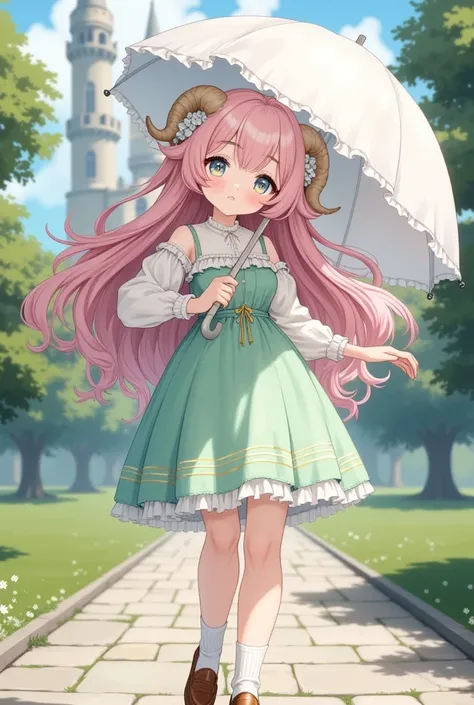 beautiful anime illustration,in front of classic beautiful castle,stone paving,Alone,a elegant girl\(big eyes,sparkling eyes,details of eyes,thick eyebrows,long fluffy hair,soft pink hair,elegant hair,((small sheep circle horns attached on her head)),light...