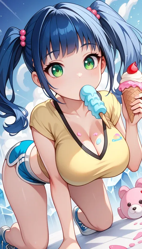 score_9, score_8_up, score_7_up, 1girl, Ultra cute, ultra sexy, ultra feminine, ultra curvy, ultra bouncy, perfect eyes, perfect face, large breasts, ((Busty Bitches)), crawl on all fours, blue twintails, green eyes, yellow shirt , (nicely accentuated ass)...