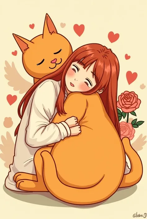 The image shows an illustration of a person with long, reddish-brown hair hugging a large, orange cat. The cat has wings, adding a fantastical element to the scene. The person is wearing a white garment and has their eyes closed, while the cat's head is ne...