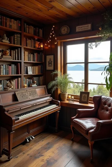 . Studio Folklore/Evermore – L’Atelier Poétique
Prompt :
"A cozy wooden studio surrounded by nature, inspired by a vintage cottage. Large bookshelves filled with old books, an antique piano near a big window overlooking the ocean. Soft lighting with fairy ...