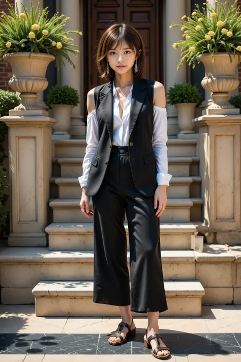 A fashionable Japanese woman with short, curly brown hair styled in a tousled, effortless manner, wearing a deconstructed black suit featuring sharp tailoring and contrasting white panels. The jacket is fitted at the waist with a single-button closure, and...