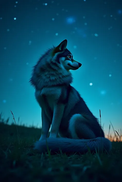 狼beast人, Wolf hair,   dynamic low angle ,  Watch, Dynamic composition, 4K,  deformed pattern , male,  alone, beast, 5 fingers,  furry,  furry tail, ((Teal and blue fur)), Outdoor,  sit on the grass, night,  starry sky , Wrapping up the strap