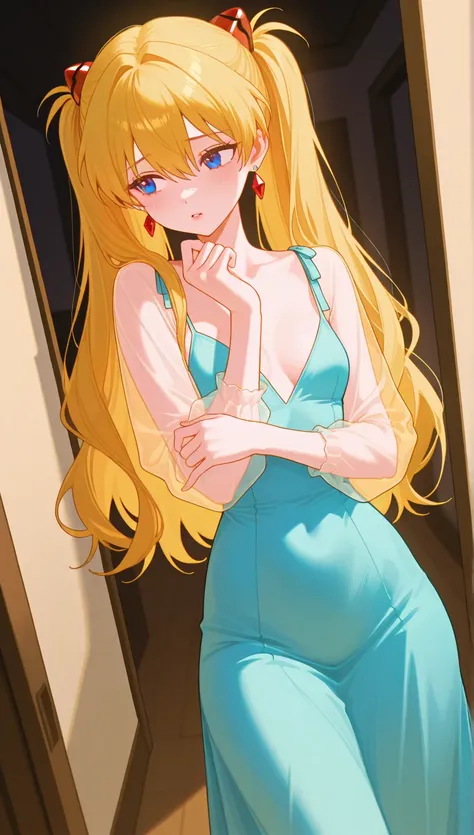 (masterpiece), (portrait), small breasts (aesthetics), ((1 female 21 years old)), Highlight earrings), ((long hair, inside the room, voluminous pigtails)), ((crystal blonde hair)), ((Asuka Soryu Langley)) straight hair, thin eyes open, look of an insecure,...