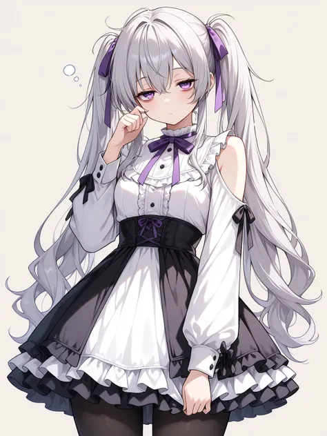 ((masterpiece, best quality, extremely detailed)), 1girl, silver hair, long hair, twintails, purple eyes, sleepy, bags under eyes, hair ribbon, frilled dress, shoulder cutout, frills, black pantyhose,, looking at viewer, cowboy shot, no cropping, simple ba...