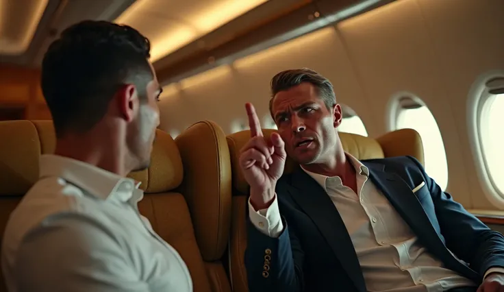 {{A frustrated depiction of a 45-year-old millionaire man}} with {an angry expression, pointing a finger at Cristiano Ronaldo while seated in a luxurious first-class airplane seat}. This is a {realistic}-inspired image that showcases the tension in the int...