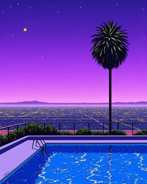 80's city pop art, purple sky, particles, wind lines, palm tree, cityscape, swimming pool, fluctuation of water surface, twilight,   . (masterpiece, best quality:1.2)