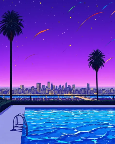 80's city pop art, purple sky, particles, wind lines, palm tree, cityscape, swimming pool, fluctuation of water surface, twilight,   . (masterpiece, best quality:1.2)