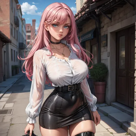 Masterpiece, beautiful art, 8k, art style by sciamano240, very detailed face, detailed hair, detailed clothes, detailed fabric, 1girl, beautiful face, long hair, hot pink hair , model head shot, facing camera, very detailed green eyes, sultry smile, wearin...