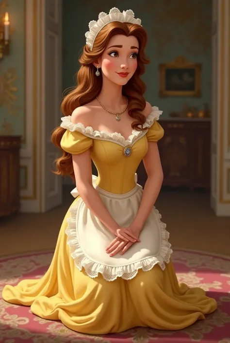 Belle kneeling in yellow french maids outfit