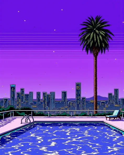 80's city pop art, purple sky, particles, wind lines, palm tree, cityscape, swimming pool, fluctuation of water surface, twilight,   . (masterpiece, best quality:1.2)