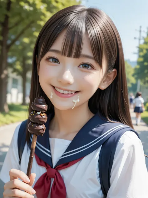 Licking a chocolate stick, nsfw, petites, loli, smile, japanese, Outdoors, school uniform, cream on face,