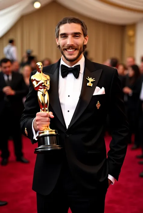 

"A distinguished Egyptian director holding an Oscar trophy, dressed in an elegant black tuxedo with golden Egyptian motifs subtly embroidered. He stands on the red carpet, with the iconic Hollywood backdrop and cheering crowd. His expression exudes pride...