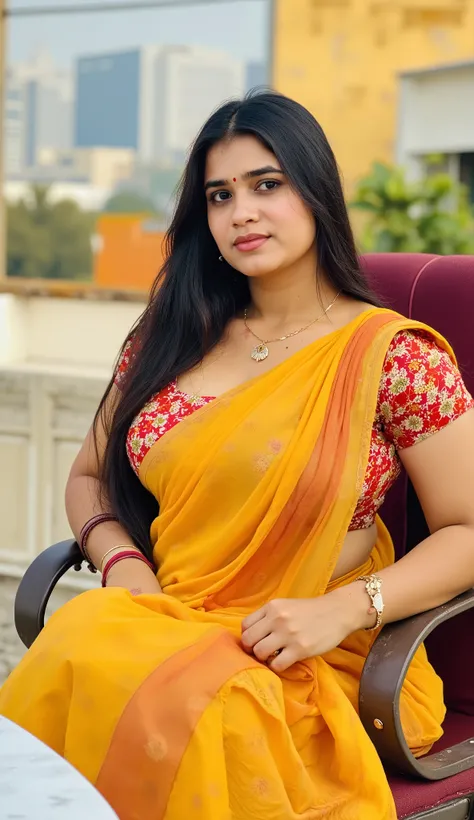 Full body image A radiant South Indian 40 year old bbw woman, sitting on a office chair, looking at viewers, wearing a silky chiffon black colour body fit transparent short skirt and highly embroideried red colour strapless deep neck blouse wearing plus si...