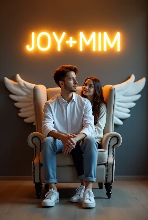 Create a 3D illusion for a profile picture where a 20 Year old cute boy and girl in a white shirt Sitting casually on a Wingback chair. Wearing sneakers, he looks ahead. The background features "JOY+ MIM" in big and capital Golden neon light fonts on the d...