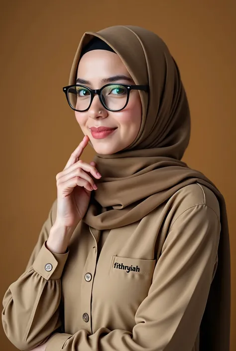 Female teacher in hijab and glasses wears keki color shirt with breast name FITHRIYAH