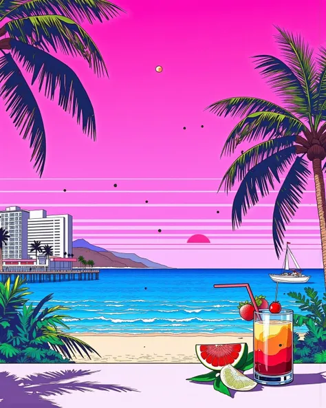 80's city pop art, wind lines, pink sky, crystal clear sea, tropical, beach, seascape, particles, palm tree, resort, cocktail juice, belt of venus,   . (masterpiece, best quality:1.2)