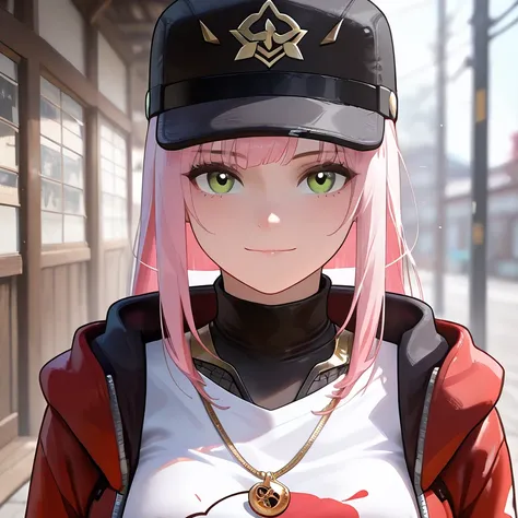 strong white woman with long straight pink hair tied back, Black sport cap with red details, green eyes and a slightly square shaped face, light smile, red jacket large and White long t-shirt and dark black bodystocking cropt a golden necklace on neck and ...