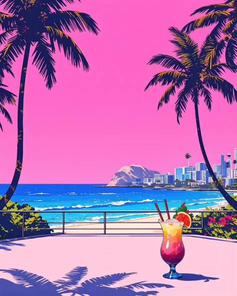 80's city pop art, wind lines, pink sky, crystal clear sea, tropical, beach, seascape, particles, palm tree, resort, cocktail juice, belt of venus,   . (masterpiece, best quality:1.2)