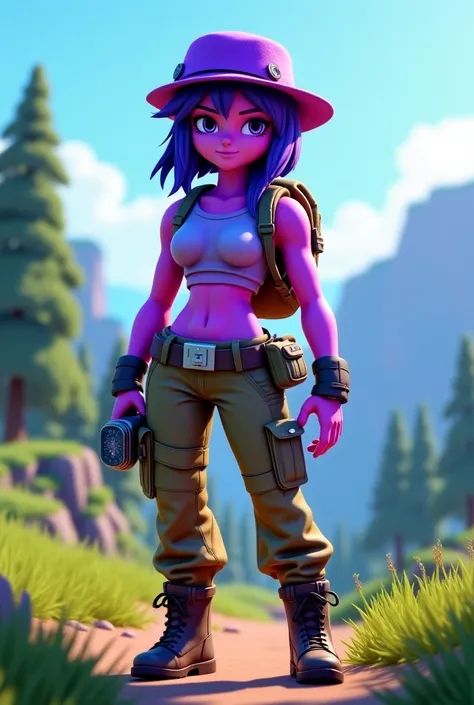 A female character with a purple Roblox skin with the adventurer vibe