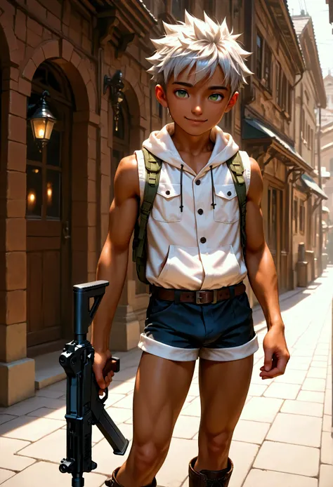 1boy, shota, muscular, dark copper tan skin, solo, silver hair, short spiked hair, (white sleeveless jacket with pocket:1.5), body belt, short pants, green eyes, slung a submachine gun in front of body with strap, Western-style American town, standing on t...
