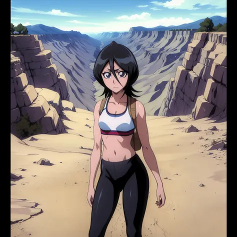 90s anime image of Rukia Kuchiki from Bleach standing on a rocky outcrop overlooking the Grand Canyon in Arizona, USA. Rukia has a confident and joyful expression, her violet eyes bright as she gazes at the vast canyon landscape. Her short, jet-black hair ...