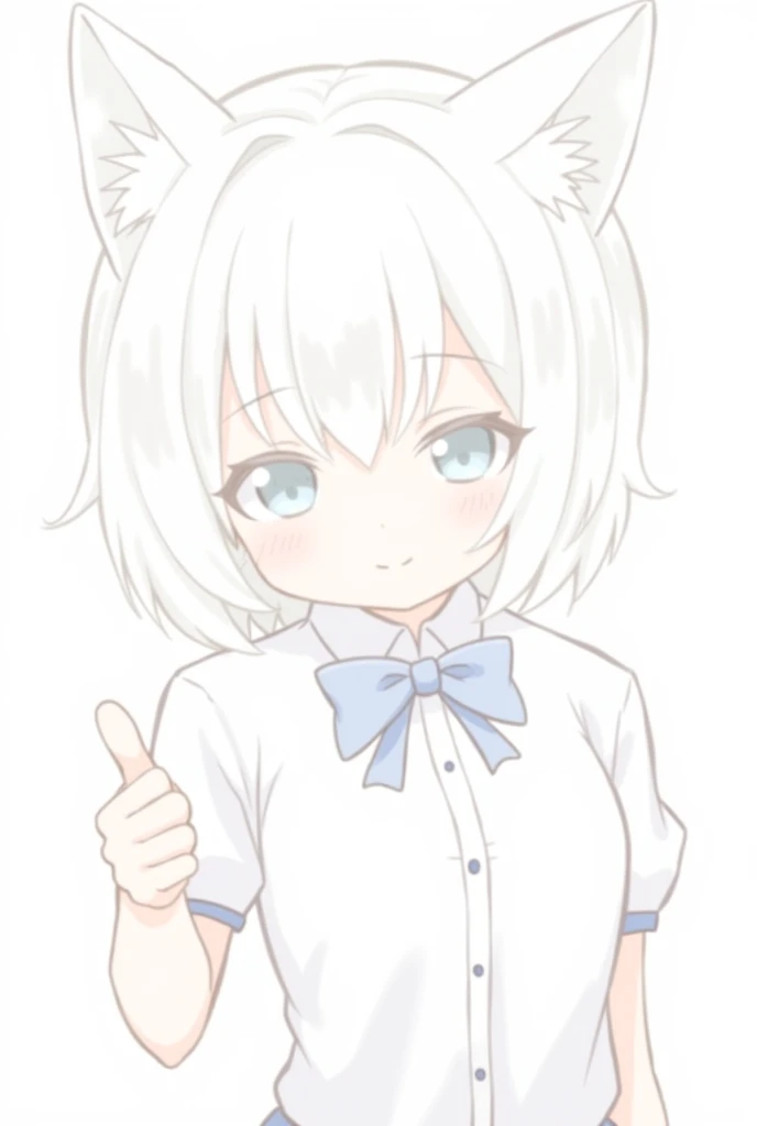 anime girl with cat ears and a blue bow making a thumbs up sign, an anime drawing by Kentaro Miura, trending on pixiv, furry art, anime catgirl, beautiful anime catgirl, anime girl with cat ears, cute anime catgirl, very beautiful anime cat girl, white cat...