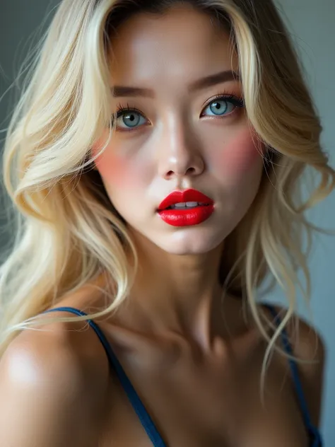 Sexy blonde korean girl with big breast blue eyes