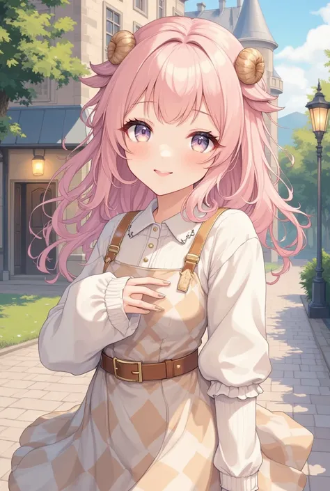 (masterpiece,top quality:1.2),beautiful anime illustration,face shot,Alone,a elegant girl\(big eyes,sparkling eyes,details of eyes,thick eyebrows,long fluffy hair,soft pink hair,elegant hair,small sheep circle horns attached on her head,light brown sheep h...